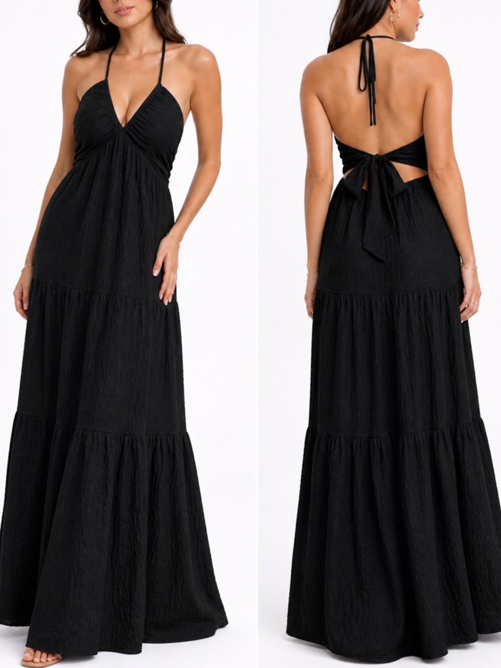 Plus Size Black Halter Tie-Back Maxi Dress